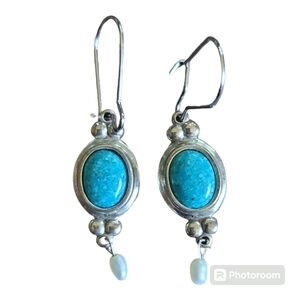 Sterling Silver, Turquoise, and Freshwater Pearl Drop Earrings